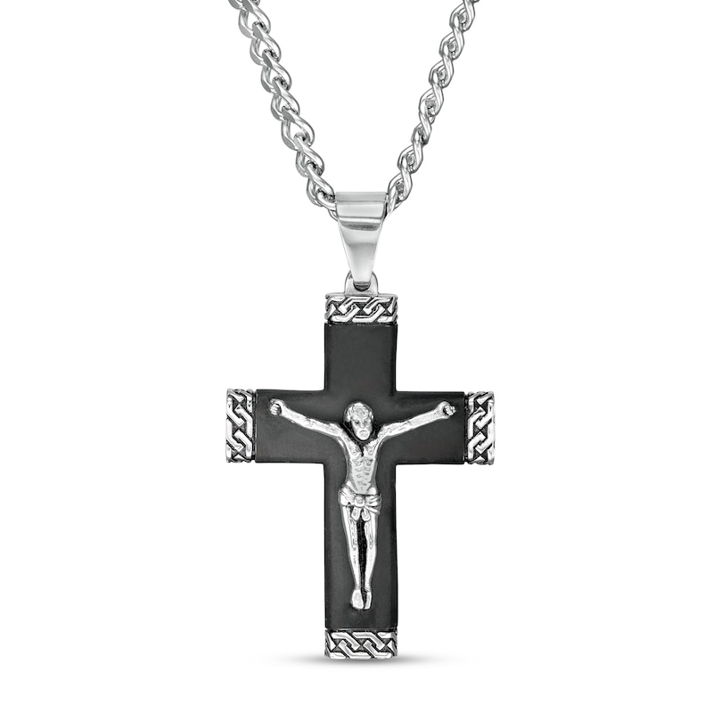 Main Image 1 of Men's Multi-Finish Chain Link-Ends Crucifix Pendant in Stainless Steel and Black IP - 24"