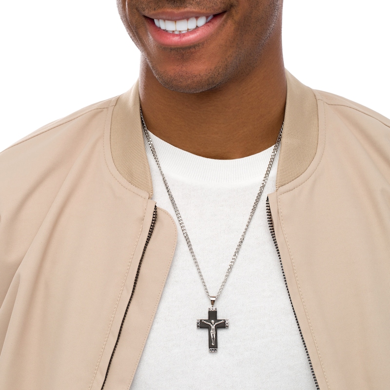 Main Image 2 of Men's Multi-Finish Chain Link-Ends Crucifix Pendant in Stainless Steel and Black IP - 24"