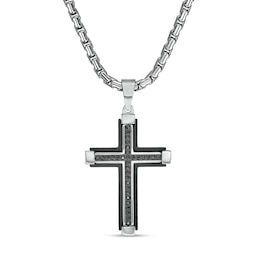 Men's 1/6 CT. T.W. Black Enhanced Diamond Capped-Ends Layered Cross Pendant in Stainless Steel and Black IP - 24&quot;