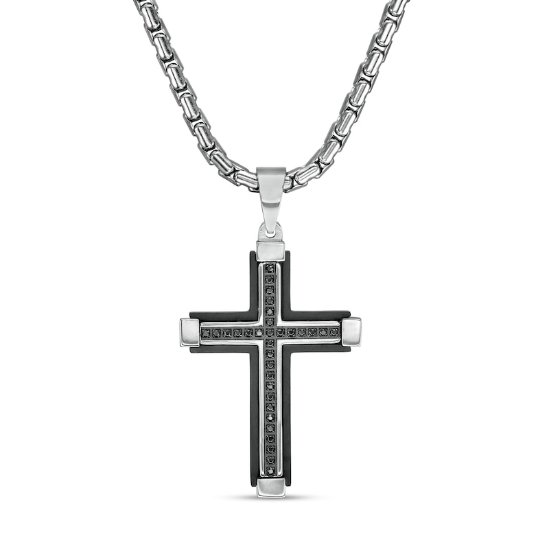 Main Image 1 of Men's 1/6 CT. T.W. Black Enhanced Diamond Capped-Ends Layered Cross Pendant in Stainless Steel and Black IP - 24"