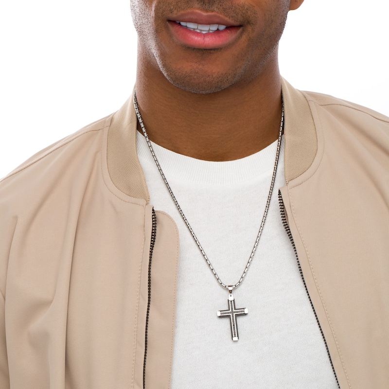 Main Image 2 of Men's 1/6 CT. T.W. Black Enhanced Diamond Capped-Ends Layered Cross Pendant in Stainless Steel and Black IP - 24"