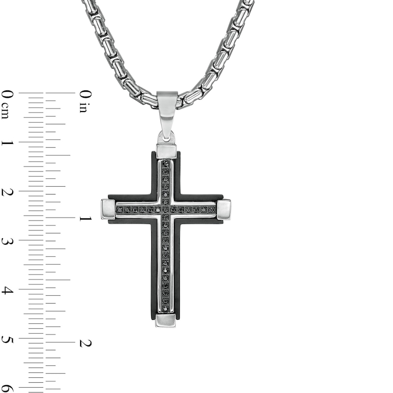 Men's 1/6 CT. T.W. Black Enhanced Diamond Capped-Ends Layered Cross Pendant in Stainless Steel and Black IP - 24"