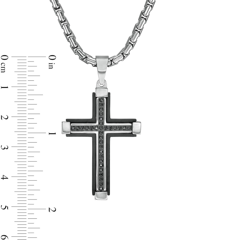 Main Image 4 of Men's 1/6 CT. T.W. Black Enhanced Diamond Capped-Ends Layered Cross Pendant in Stainless Steel and Black IP - 24"