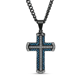 Men's 1/4 CT. T.W. Black Enhanced Diamond Chain Link Cross Pendant in Stainless Steel with Black and Blue IP - 24&quot;