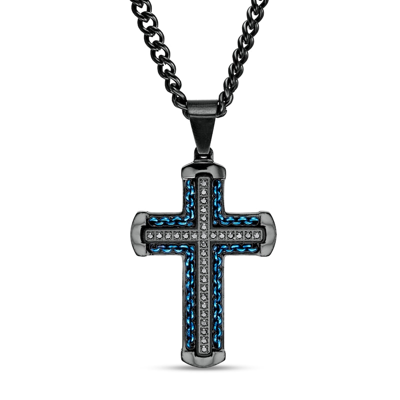 Main Image 1 of Men's 1/4 CT. T.W. Black Enhanced Diamond Chain Link Cross Pendant in Stainless Steel with Black and Blue IP - 24"