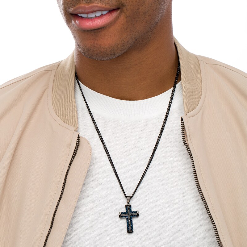 Main Image 2 of Men's 1/4 CT. T.W. Black Enhanced Diamond Chain Link Cross Pendant in Stainless Steel with Black and Blue IP - 24"