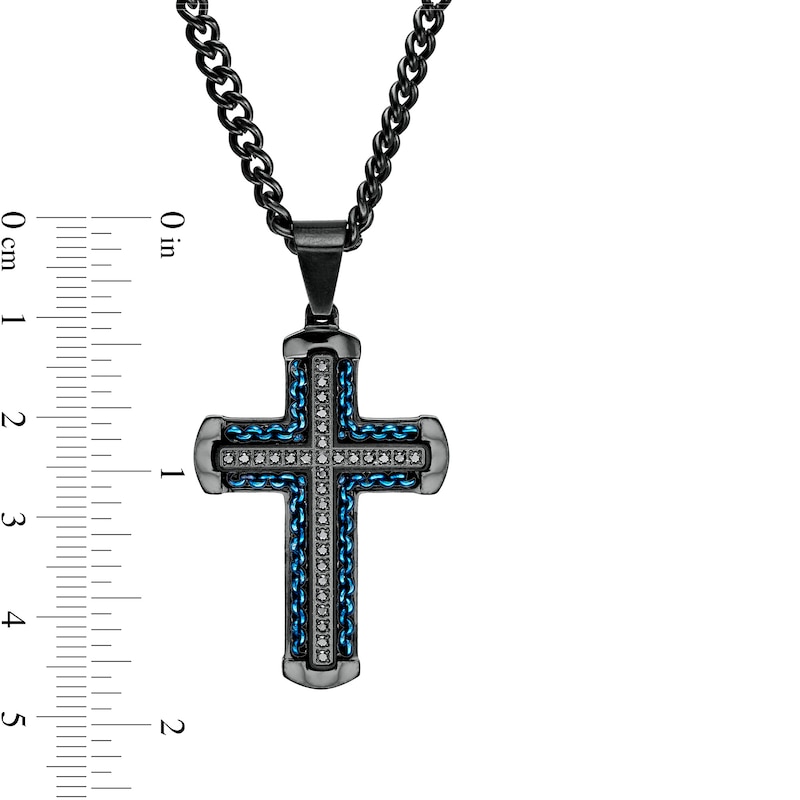 Main Image 4 of Men's 1/4 CT. T.W. Black Enhanced Diamond Chain Link Cross Pendant in Stainless Steel with Black and Blue IP - 24"