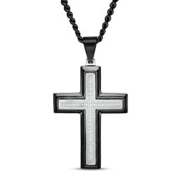 Men's 1/5 CT. T.W. Diamond Multi-Finish Beveled Edge Cross Pendant in Stainless Steel and Black IP - 24"