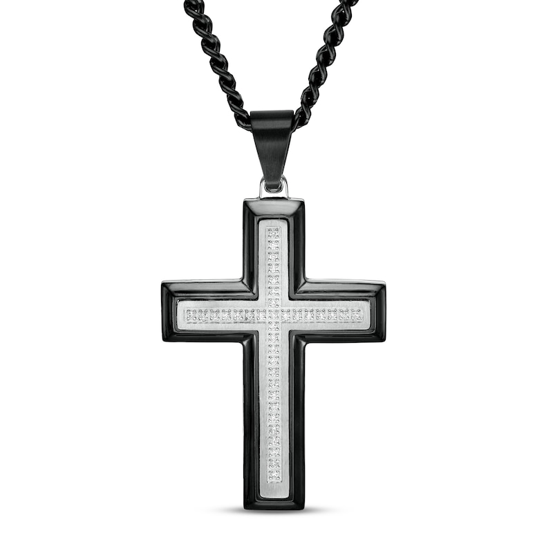 Main Image 1 of Men's 1/5 CT. T.W. Diamond Multi-Finish Beveled Edge Cross Pendant in Stainless Steel and Black IP - 24"