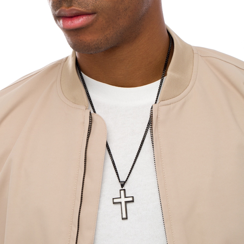 Main Image 2 of Men's 1/5 CT. T.W. Diamond Multi-Finish Beveled Edge Cross Pendant in Stainless Steel and Black IP - 24"