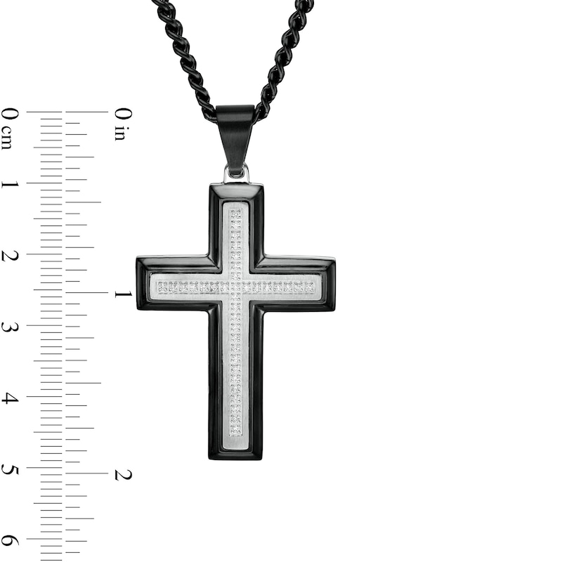 Main Image 4 of Men's 1/5 CT. T.W. Diamond Multi-Finish Beveled Edge Cross Pendant in Stainless Steel and Black IP - 24"