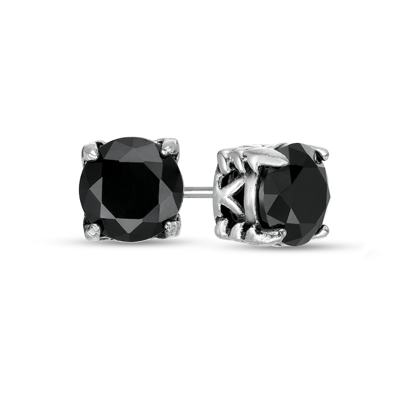 Main Image 1 of Men's 7.0mm Black Spinel Multi-Finish Solitaire Stud Earrings in Stainless Steel and Black IP