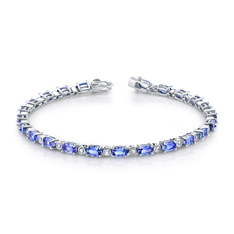 Main Image 1 of Oval Tanzanite and White Sapphire Bezel-Set Bubble Link Alternating Line Bracelet in Sterling Silver - 7.25"