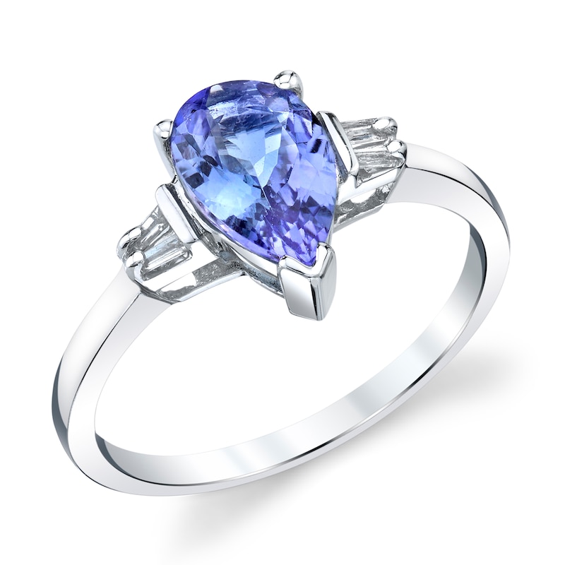 Pear-Shaped Tanzanite and 1/20 CT. T.W. Baguette Diamond Duo-Sides Ring in 14K White Gold