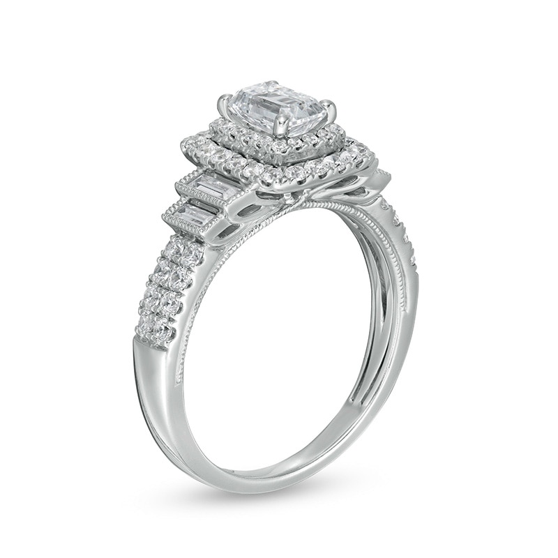 Main Image 3 of 1-1/5 CT. T.W. Emerald-Cut Diamond Frame Vintage-Style Tiered Shank Engagement Ring in 14K White Gold (I/I1)