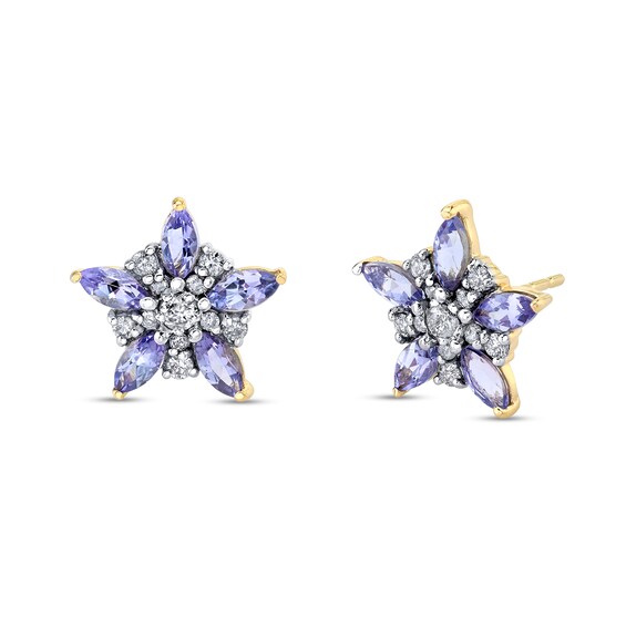 Marquise Tanzanite and 1/5 CT. T.W. Diamond Star Flower Stud Earrings in 14K Gold Marquise Tanzanite and 1/5 CT. T.W. Diamond Star Flower Stud Earrings in 14K Gold