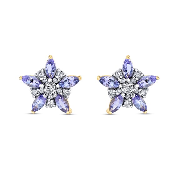 Marquise Tanzanite and 1/5 CT. T.W. Diamond Star Flower Stud Earrings in 14K Gold Marquise Tanzanite and 1/5 CT. T.W. Diamond Star Flower Stud Earrings in 14K Gold