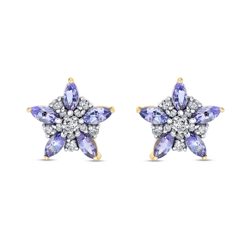Marquise Tanzanite and 1/5 CT. T.W. Diamond Star Flower Stud Earrings in 14K Gold