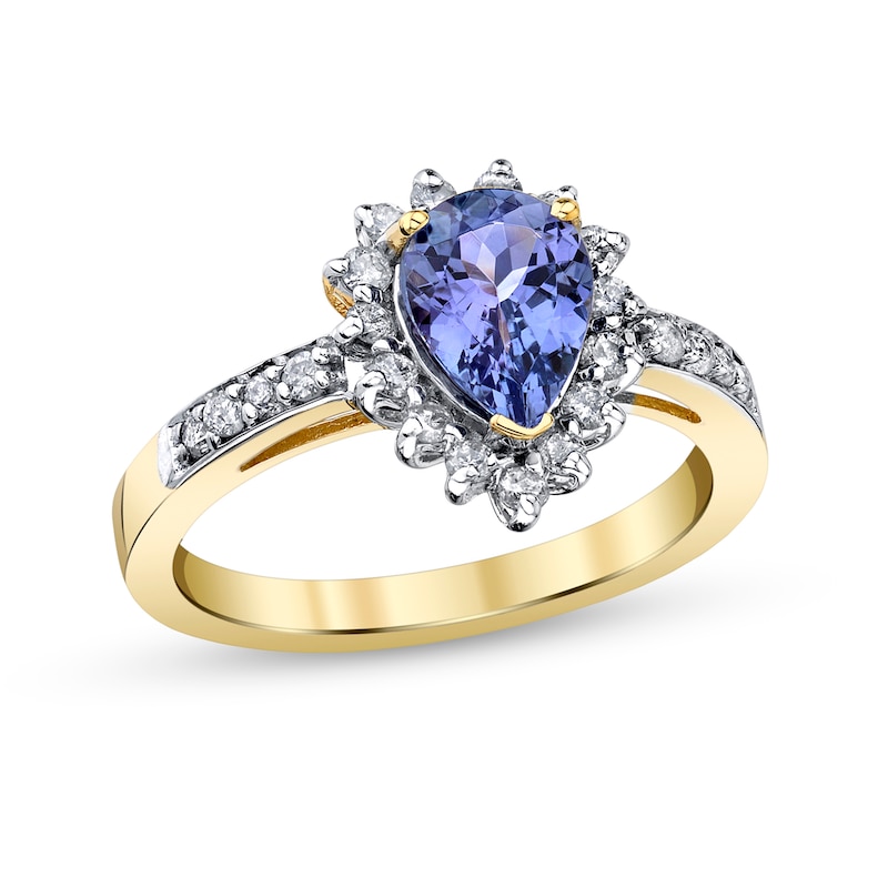 Pear-Shaped Tanzanite and 1/3 CT. T.W. Diamond Shadow Frame Ring in 14K Gold