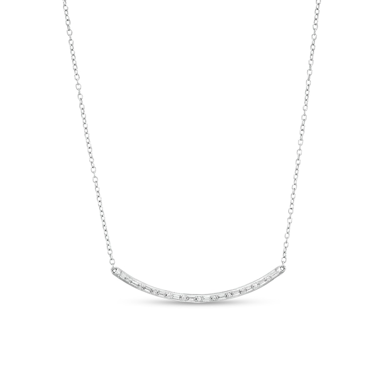 Main Image 1 of 1/6 CT. T.W. Baguette and Round Diamond Curved Bar Necklace in 10K White Gold