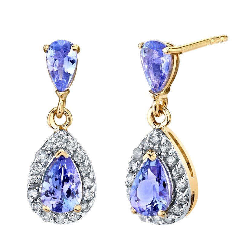 Main Image 1 of Pear-Shaped Tanzanite and 1/4 CT. T.W. Diamond Frame Double Teardrop Earrings in 14K Gold