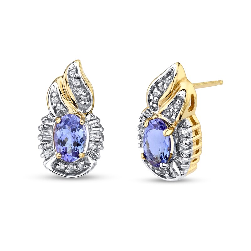 Oval Tanzanite and 1/3 CT. T.W. Baguette and Round Diamond Frame Flame-Top Stud Earrings in 14K Gold