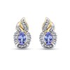 Thumbnail Image 1 of Oval Tanzanite and 1/3 CT. T.W. Baguette and Round Diamond Frame Flame-Top Stud Earrings in 14K Gold