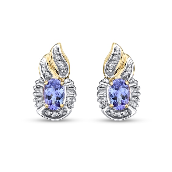 Oval Tanzanite and 1/3 CT. T.W. Baguette and Round Diamond Frame Flame-Top Stud Earrings in 14K Gold Oval Tanzanite and 1/3 CT. T.W. Baguette and Round Diamond Frame Flame-Top Stud Earrings in 14K Gold
