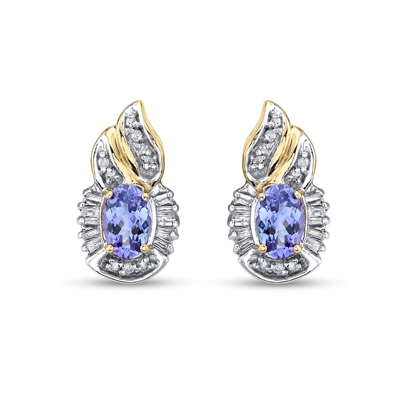 Main Image 2 of Oval Tanzanite and 1/3 CT. T.W. Baguette and Round Diamond Frame Flame-Top Stud Earrings in 14K Gold