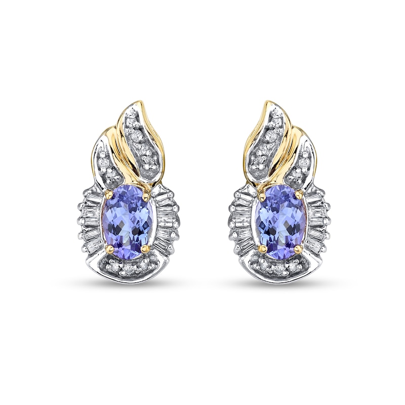 Oval Tanzanite and 1/3 CT. T.W. Baguette and Round Diamond Frame Flame-Top Stud Earrings in 14K Gold