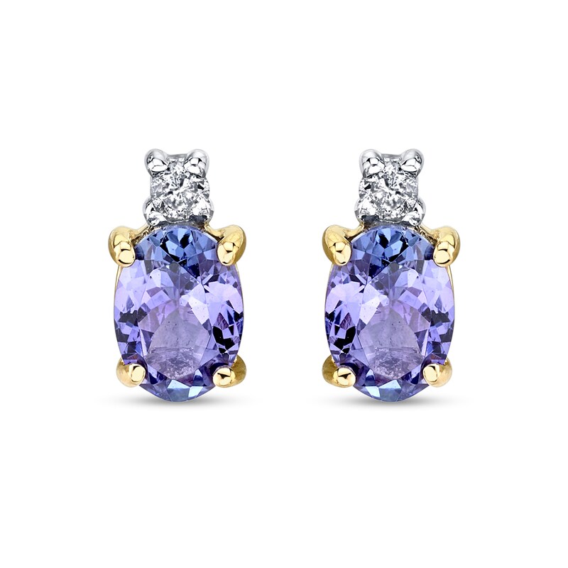Main Image 2 of Oval Tanzanite and 1/10 CT. T.W. Diamond Accent Stud Earrings in 14K Gold