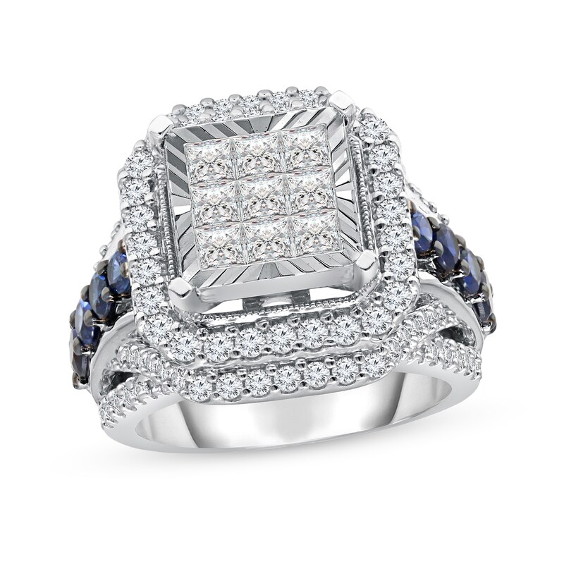 Main Image 1 of 2-7/8 CT. T.W. Composite Diamond and Blue Lab-Created Sapphire Square Frame Engagement Ring in 14K White Gold