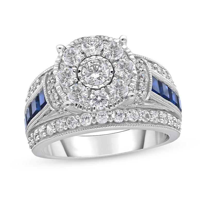 Main Image 1 of 2 CT. T.W. Composite Diamond and Blue Princess-Cut Lab-Created Sapphire Engagement Ring in 14K White Gold