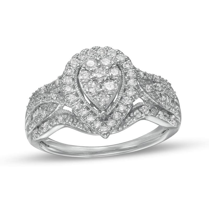1/2 CT. T.W. Composite Pear-Shaped Diamond Frame Vintage-Style Engagement Ring in 10K White Gold