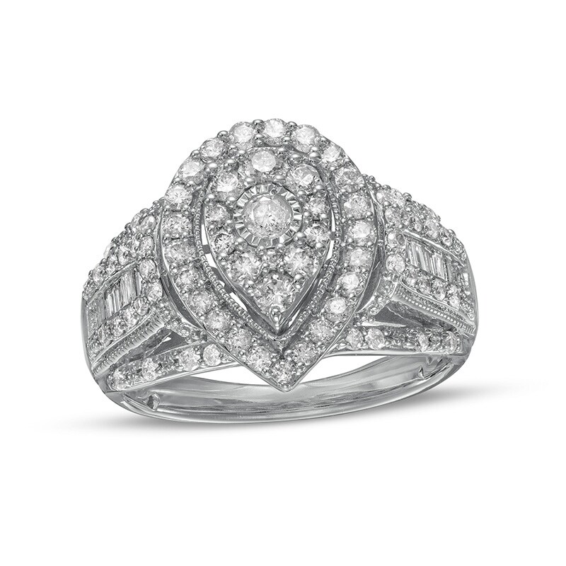 1 CT. T.W. Pear-Shaped Multi-Diamond Frame Vintage-Style Engagement Ring in 10K White Gold