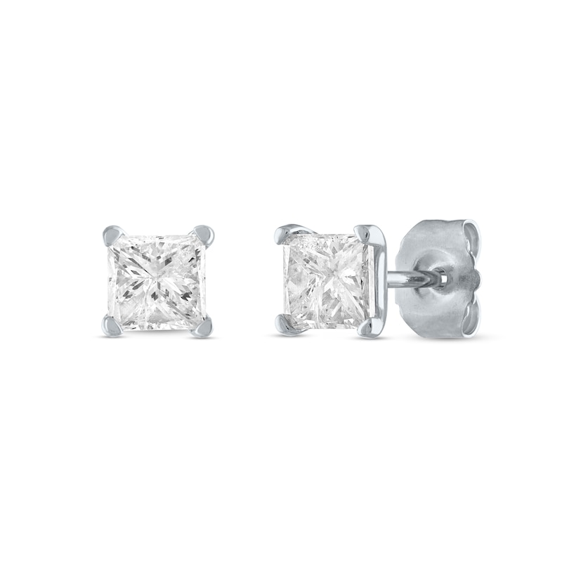 Main Image 1 of 1/2 CT. T.W. Princess-Cut Diamond Solitaire Stud Earrings in 14K White Gold (J/I2)