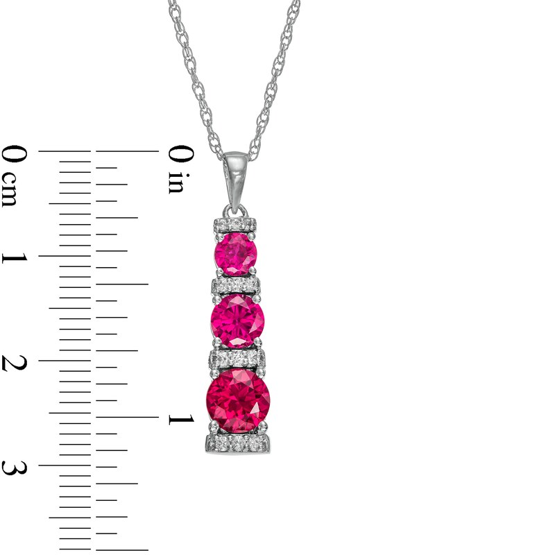 Main Image 3 of Lab-Created Ruby and White Lab-Created Sapphire Graduated Three Stone Drop Pendant in Sterling Silver