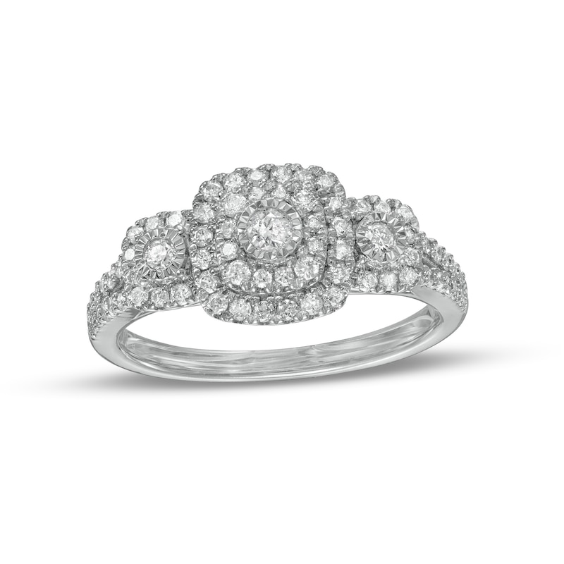 Main Image 1 of 1/2 CT. T.W. Diamond Cushion-Shaped Frame Past Present Future® Split Shank Engagement Ring in 10K White Gold