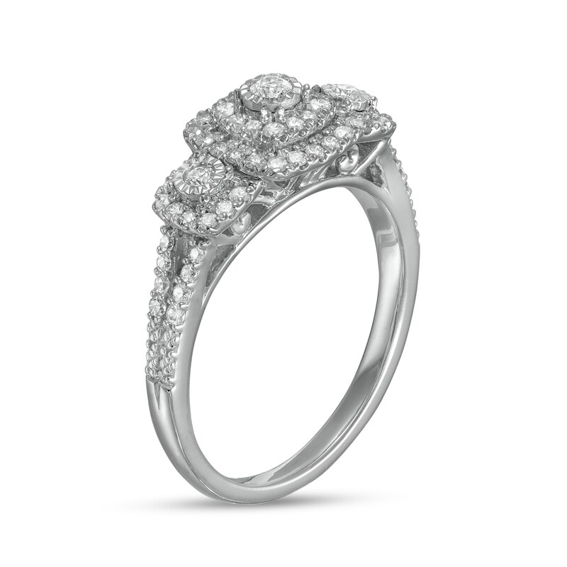 1/2 CT. T.W. Diamond Cushion-Shaped Frame Past Present Future® Split Shank Engagement Ring in 10K White Gold