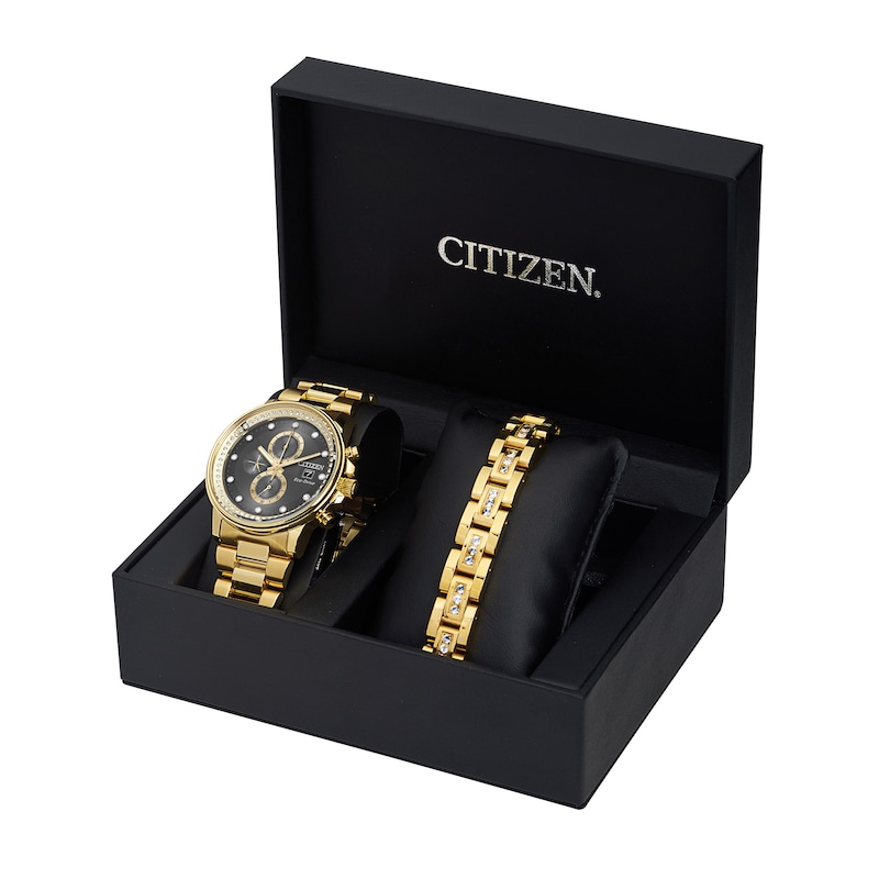 Main Image 1 of Men's Citizen Eco-Drive® Nighthawk Crystal Accent Gold-Tone Chronograph Watch and Bracelet Box Set (Model: FB3002-61E)