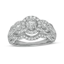 1 CT. T.W. Diamond Frame Past Present Future® Scallop Edge Vintage-Style Engagement Ring in 10K White Gold