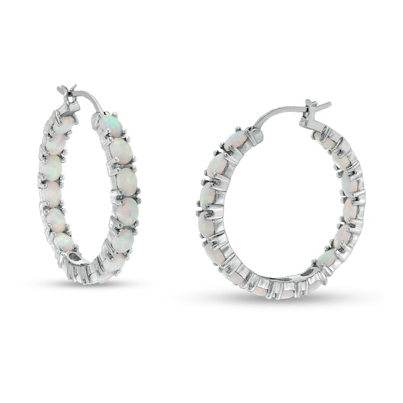 Main Image 1 of Oval Lab-Created Opal Inside-Out Hoop Earrings in Sterling Silver