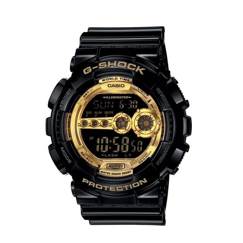 Main Image 1 of Men's Casio G-Shock Classic Black Resin Strap Watch with Gold-Tone Dial (Model: GD100GB-1CS)
