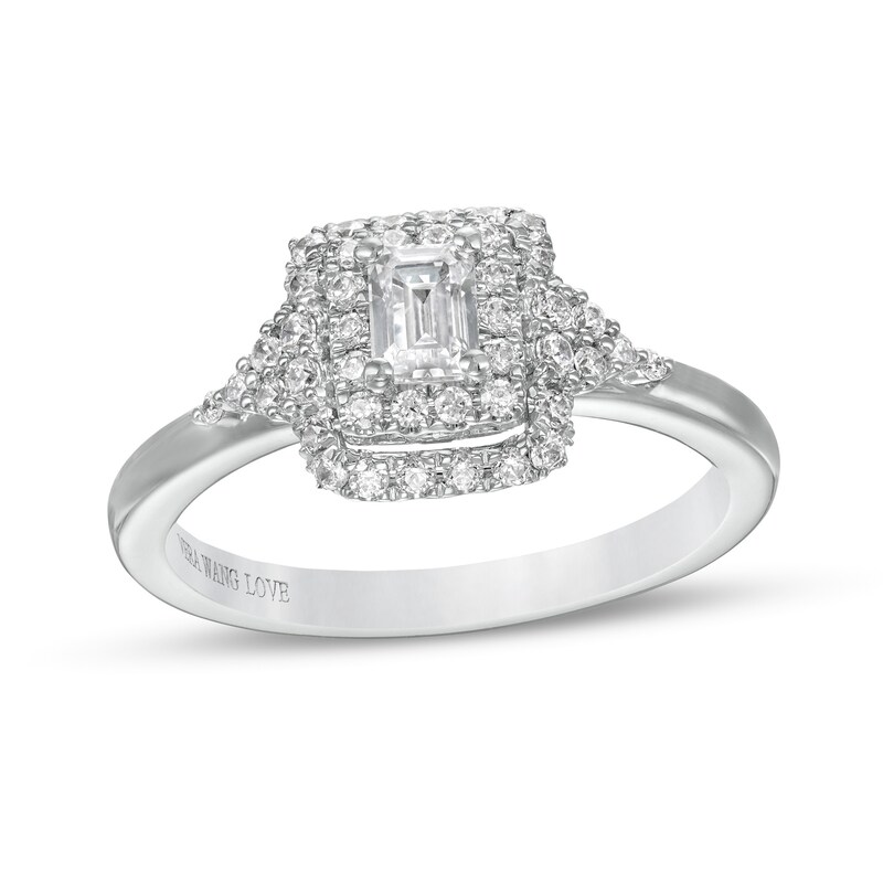 Vera Wang Love Collection 5/8 CT. T.W. Emerald-Cut Diamond Double Frame Engagement Ring in 14K White Gold