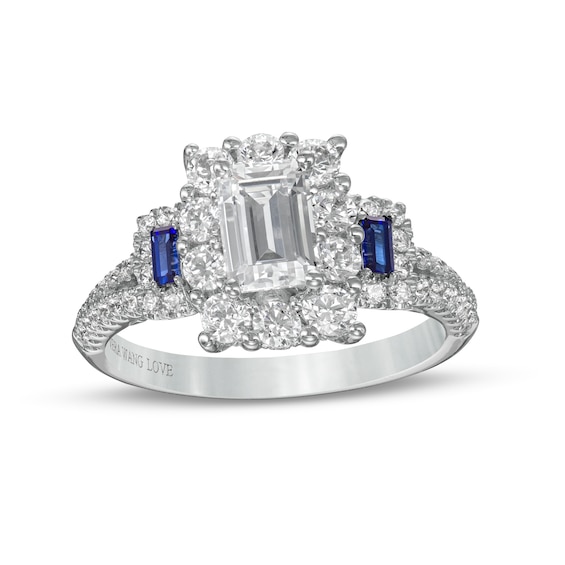Vera Wang Love Collection Sapphire And 1 3/4 Ct. T.w. Emerald Cut Diamond Frame Engagement Ring In 14k White Gold