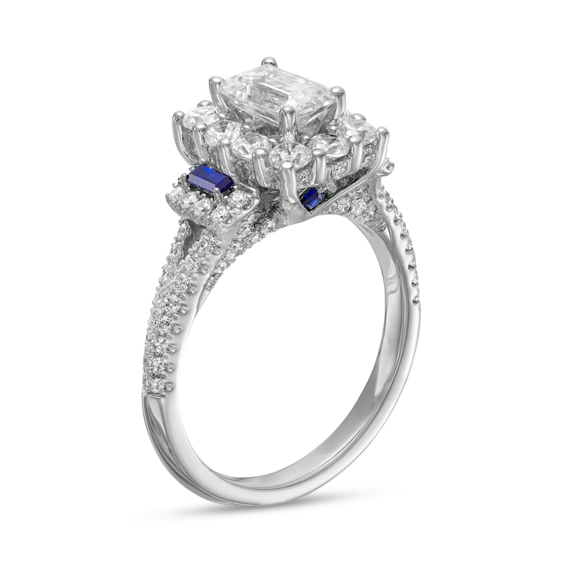 Vera Wang Love Collection Sapphire and 1-3/4 CT. T.W. Emerald-Cut Diamond Frame Engagement Ring in 14K White Gold