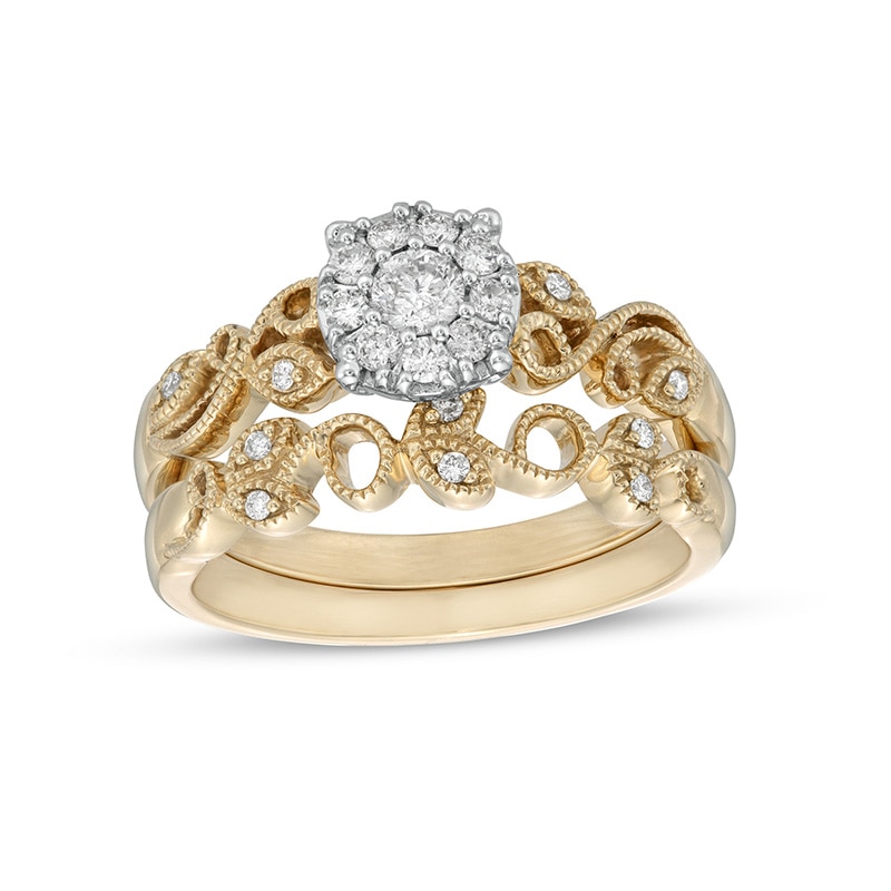 Main Image 1 of 1/3 CT. T.W. Diamond Frame Vine-Shank Vintage-Style Interlocking Bridal Set in 10K Gold