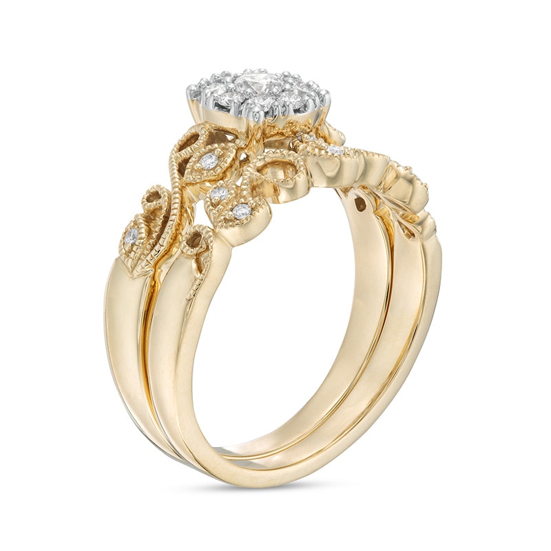 Main Image 3 of 1/3 CT. T.W. Diamond Frame Vine-Shank Vintage-Style Interlocking Bridal Set in 10K Gold