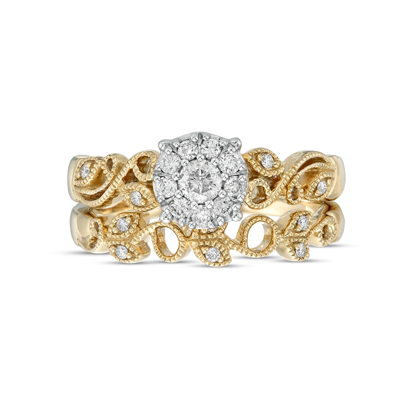 Main Image 4 of 1/3 CT. T.W. Diamond Frame Vine-Shank Vintage-Style Interlocking Bridal Set in 10K Gold