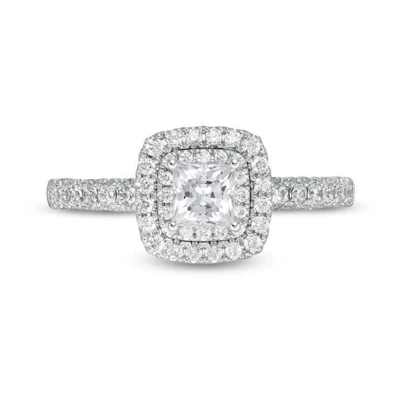 Main Image 4 of 1 CT. T.W. Certified Princess-Cut Diamond Cushion Frame Engagement Ring in Platinum (I/SI2)